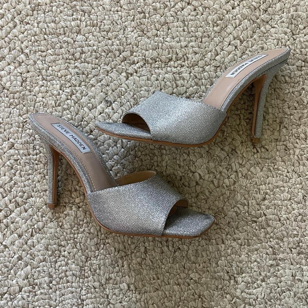 ‘signal silver’ glitter Steve Madden mule heels